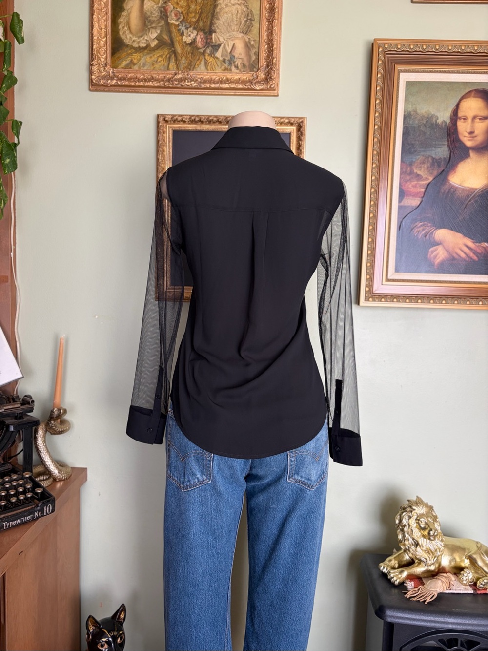 Express Black Portofino Button-Down Top with Sheer Sleeves Size XS Slim-Flit - Picture 12 of 15
